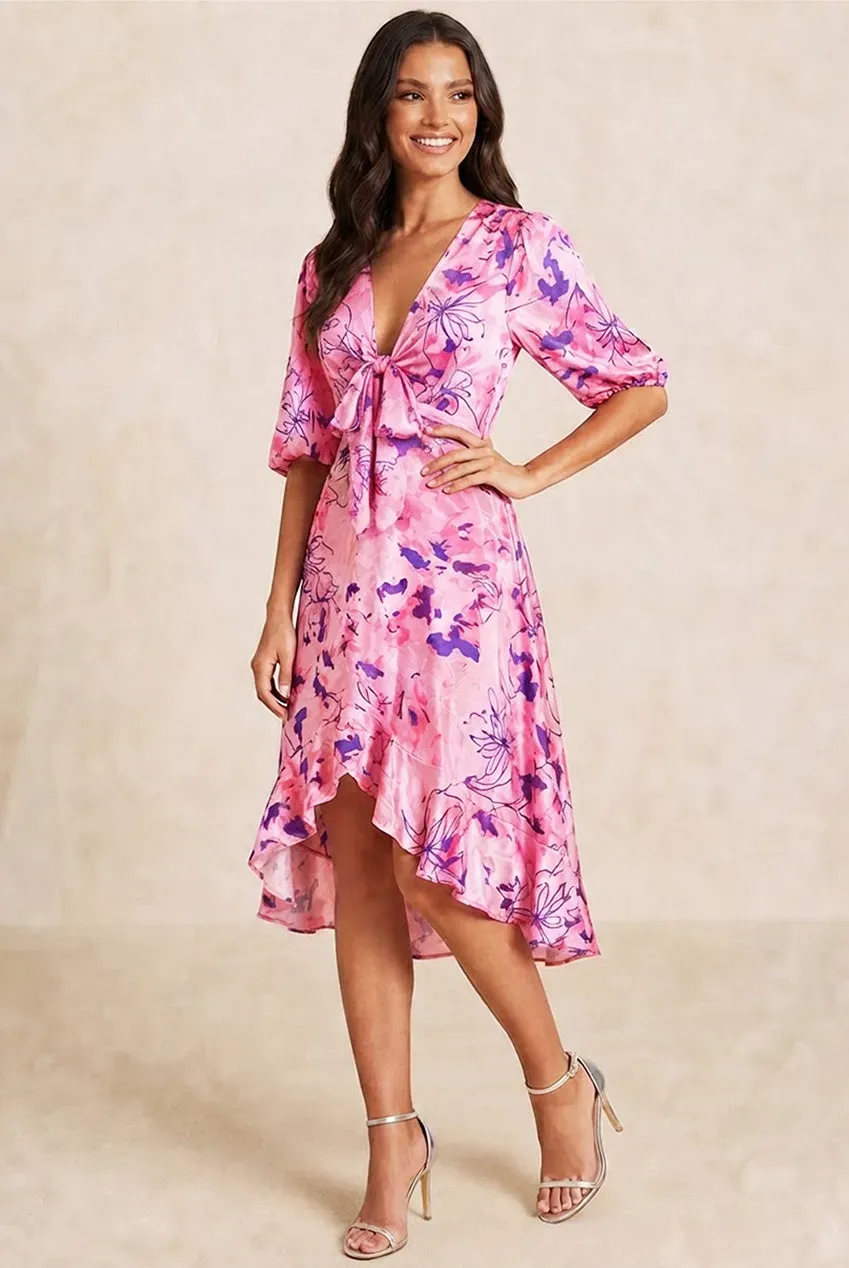 Chi Chi London Tie Front abito midi rosa fantasia