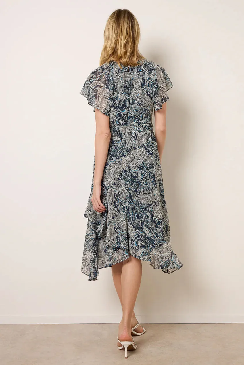 Blue Vanilla Paisley Angel Sleeve abito midi blu navy