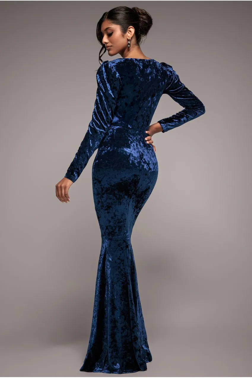 Goddiva Flared Hem abito lungo blu velluto ice