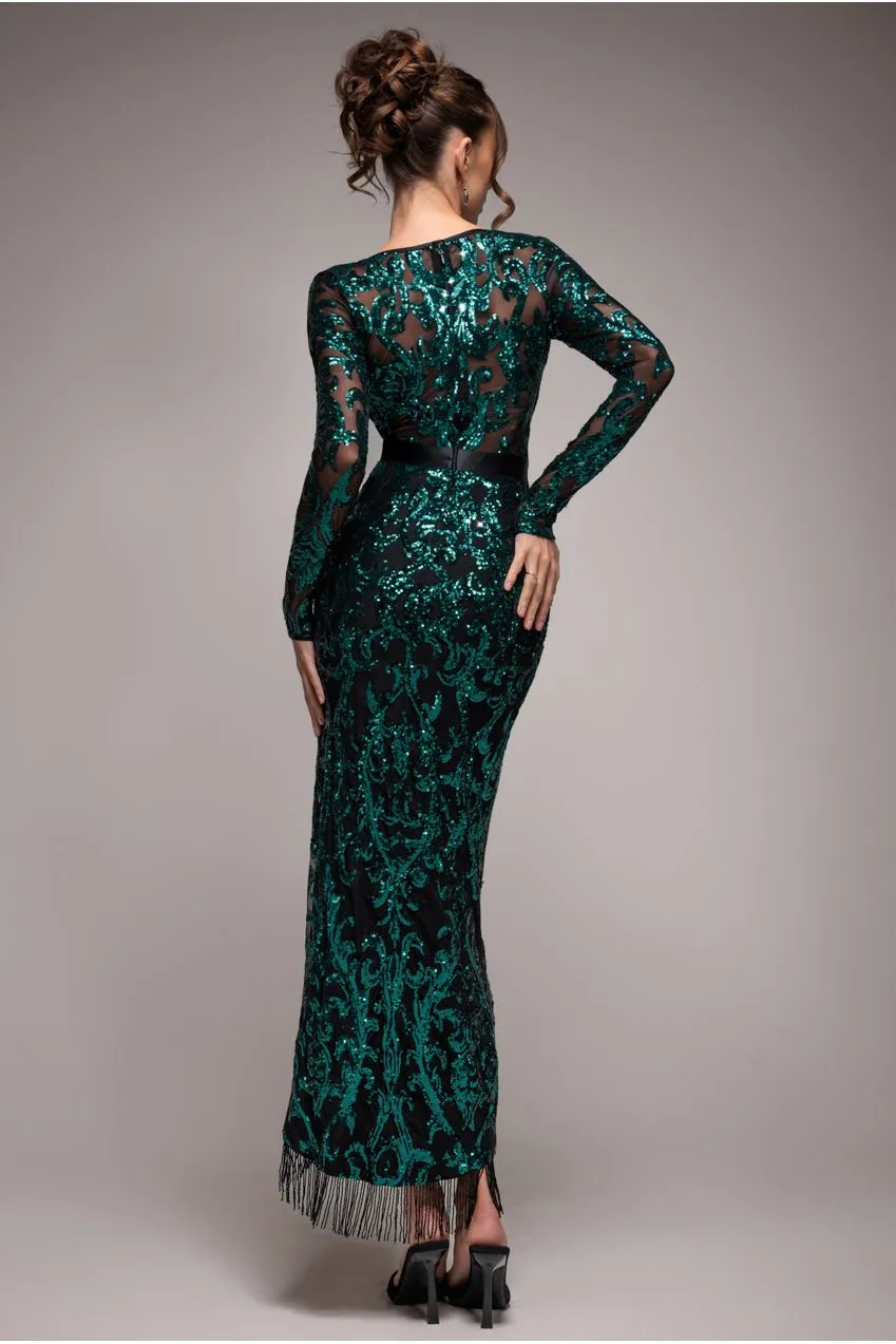 Goddiva DR4006 Abito Midaxi Paillettes Verde Smeraldo con Frange