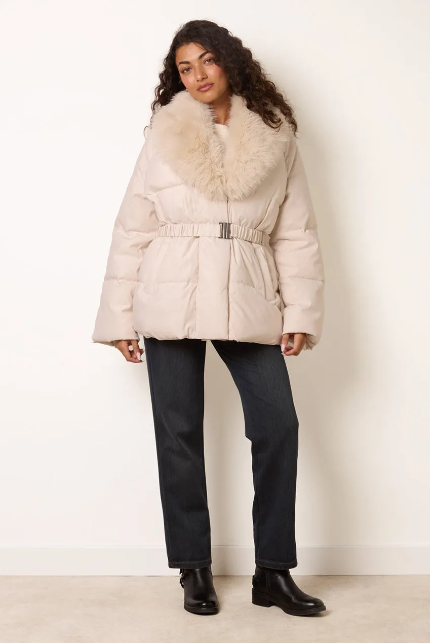 Blue Vanilla Faux Fur Collar Piumino Corto Stone con Cintura