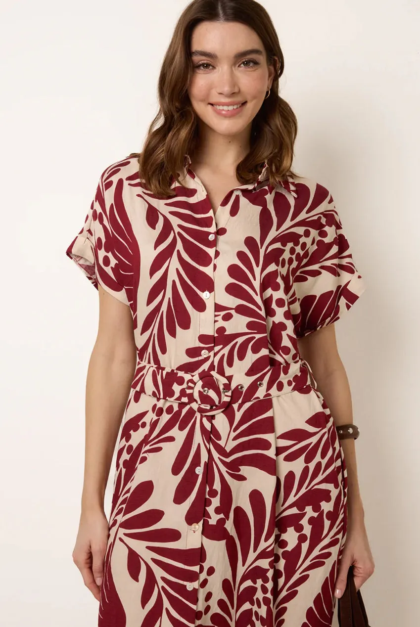 Blue Vanilla Tropical Leaf abito camicia vino S midi
