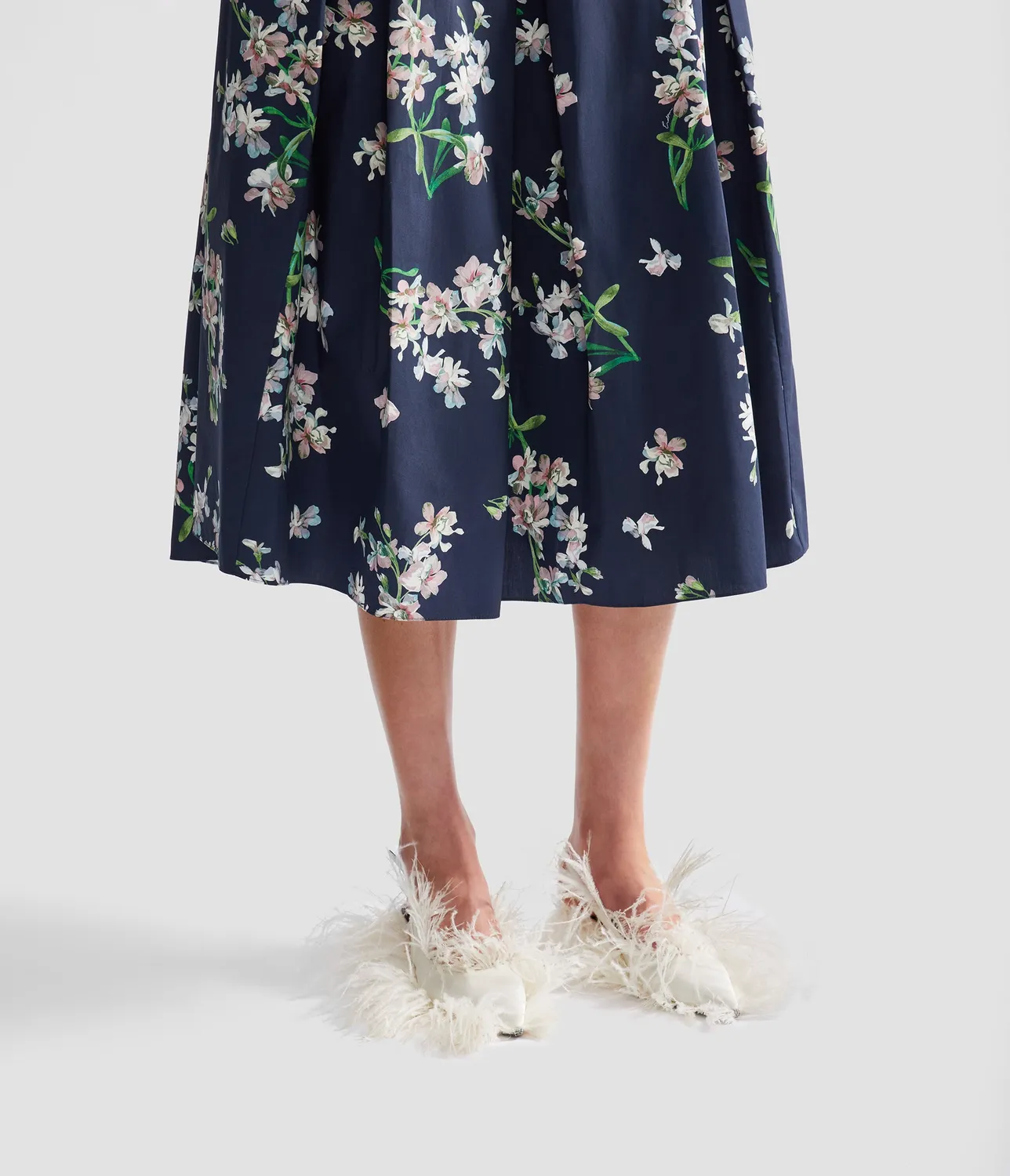 Erdem Floral Cotton gonna midi plissettata navy