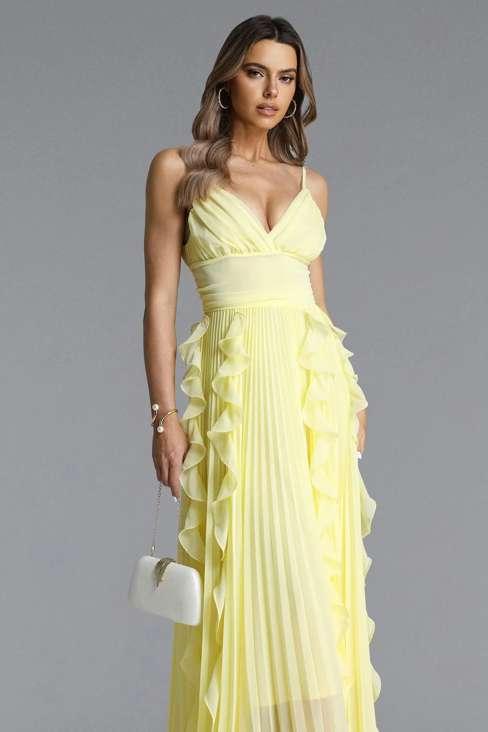 Bella Barnett Viky abito maxi giallo plissettato balze