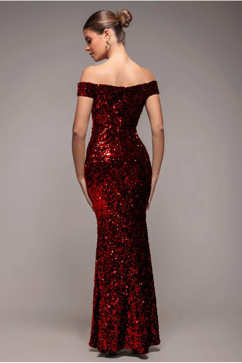 Goddiva Sequin Velvet Bardot abito lungo rosso velluto paillettes