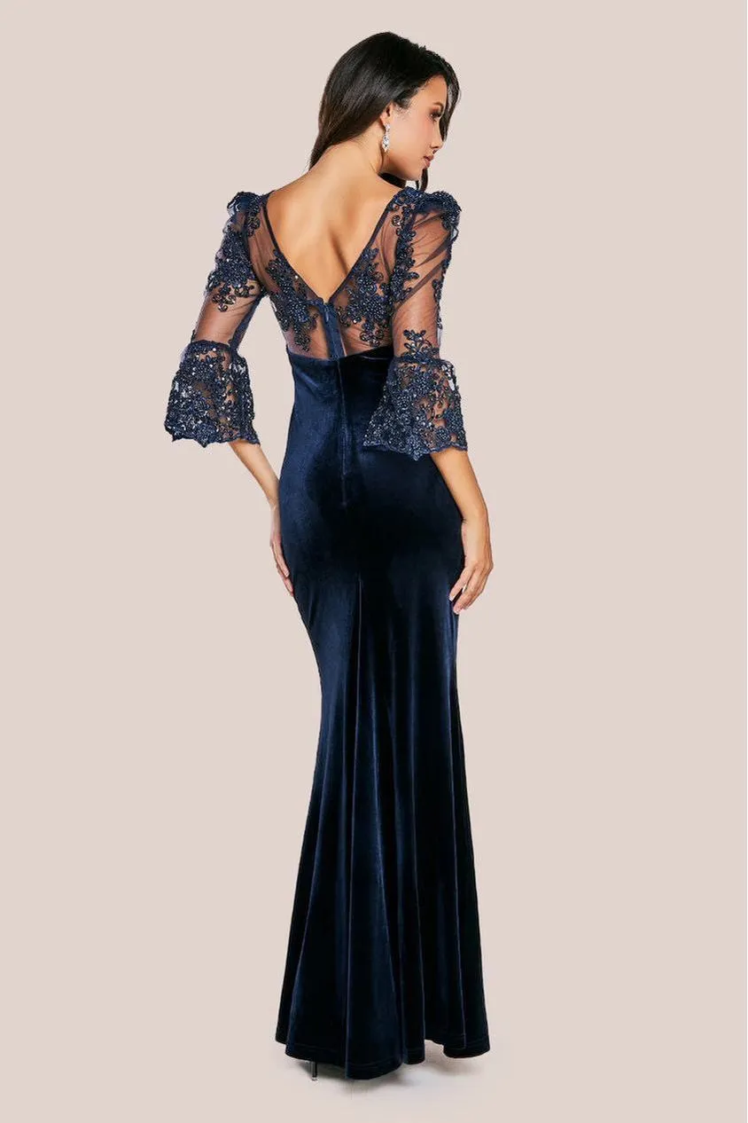 Goddiva Scalloped Lace Velvet DR3972 abito lungo blu navy pizzo
