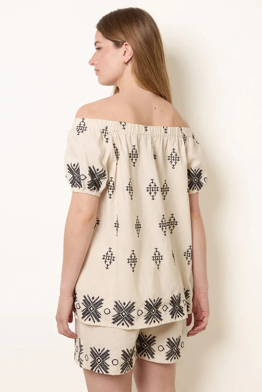 Blue Vanilla Bardot Top ricamato pietra in cotone maniche corte