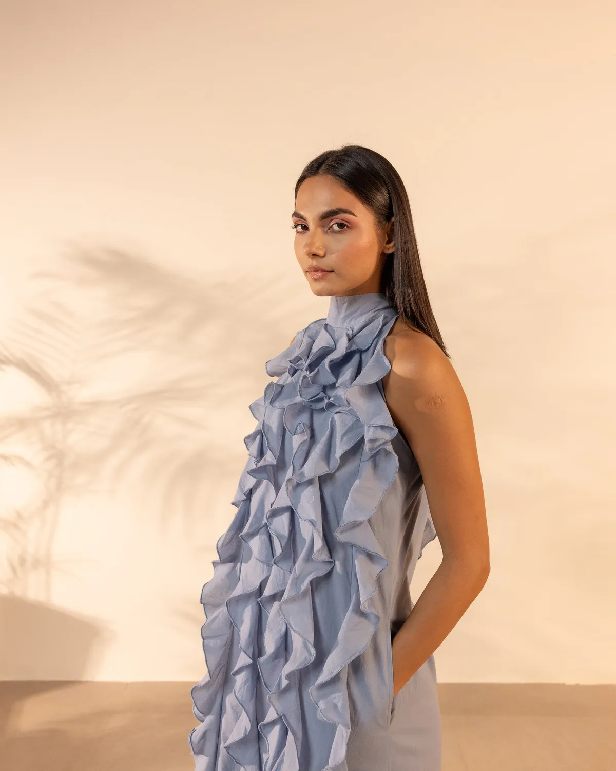 Our Dve Tangerine Sunny Side vestito azzurro balze cotone