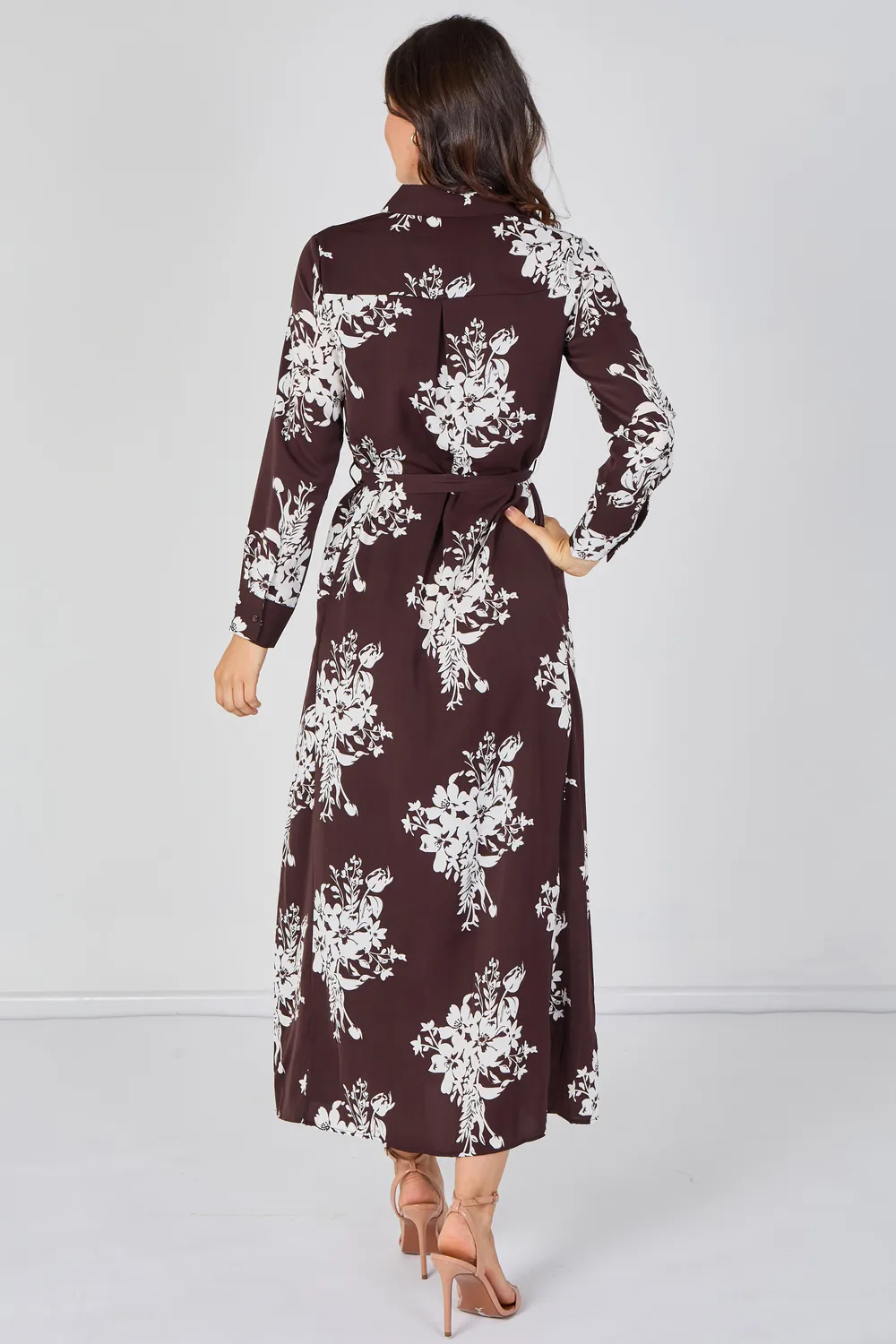 Love Sunshine Floral abito camicia marrone maxi