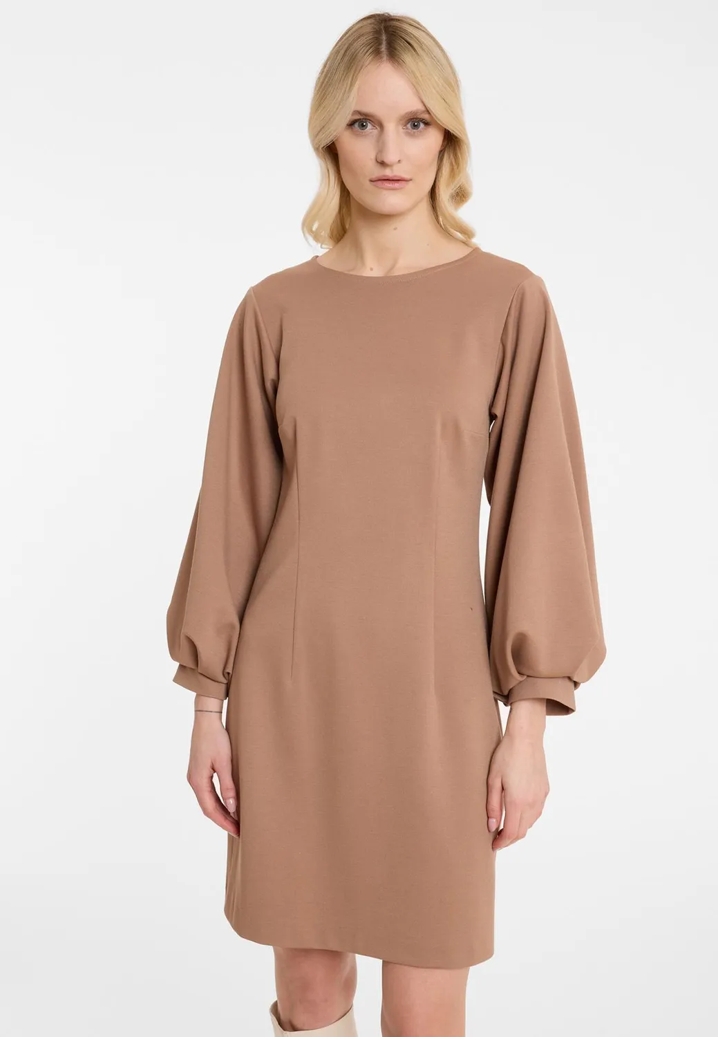Ana Alcazar Aholi mini abito beige jersey aderente