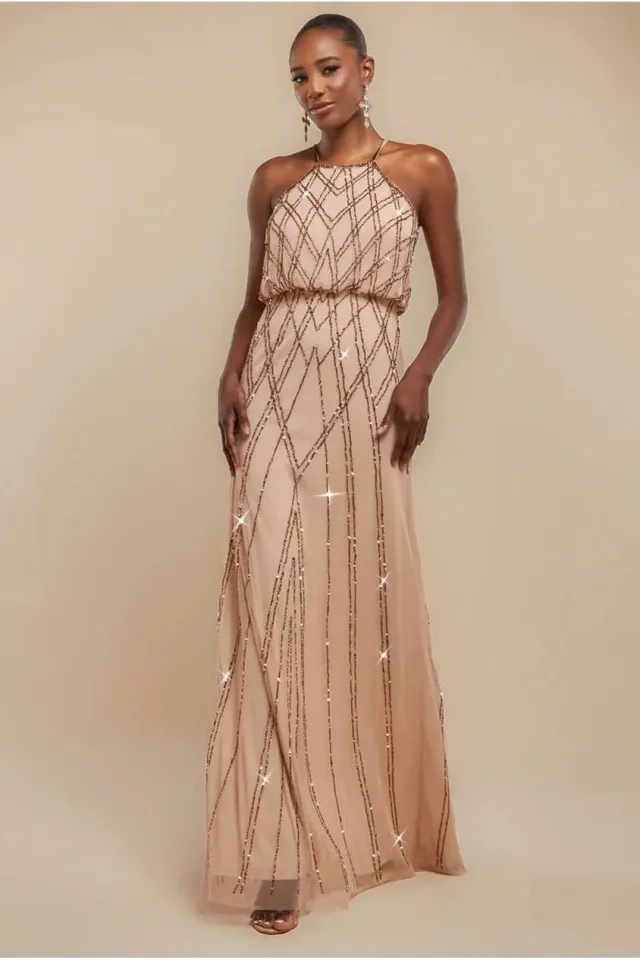 Goddiva Racer abito maxi champagne paillettes