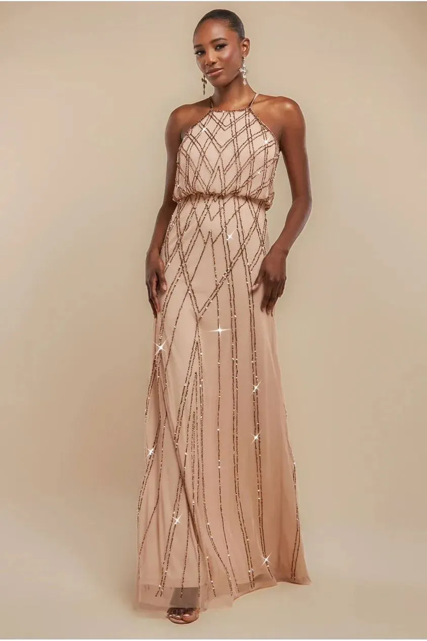 Goddiva Racer abito maxi champagne paillettes