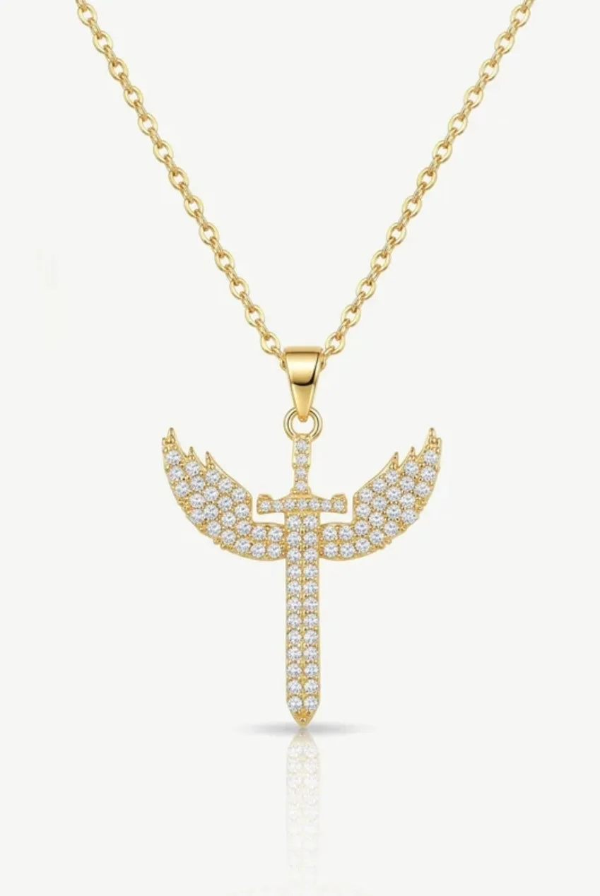 MUCHV Pave Winged Cross Collana Croce Oro Zirconi