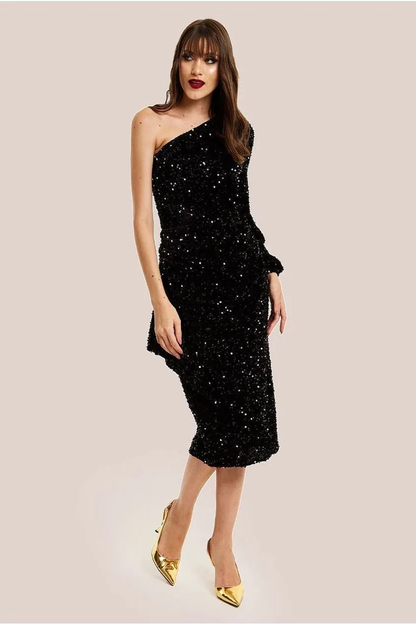 Liquorish One Shoulder abito midi velluto paillettes nero
