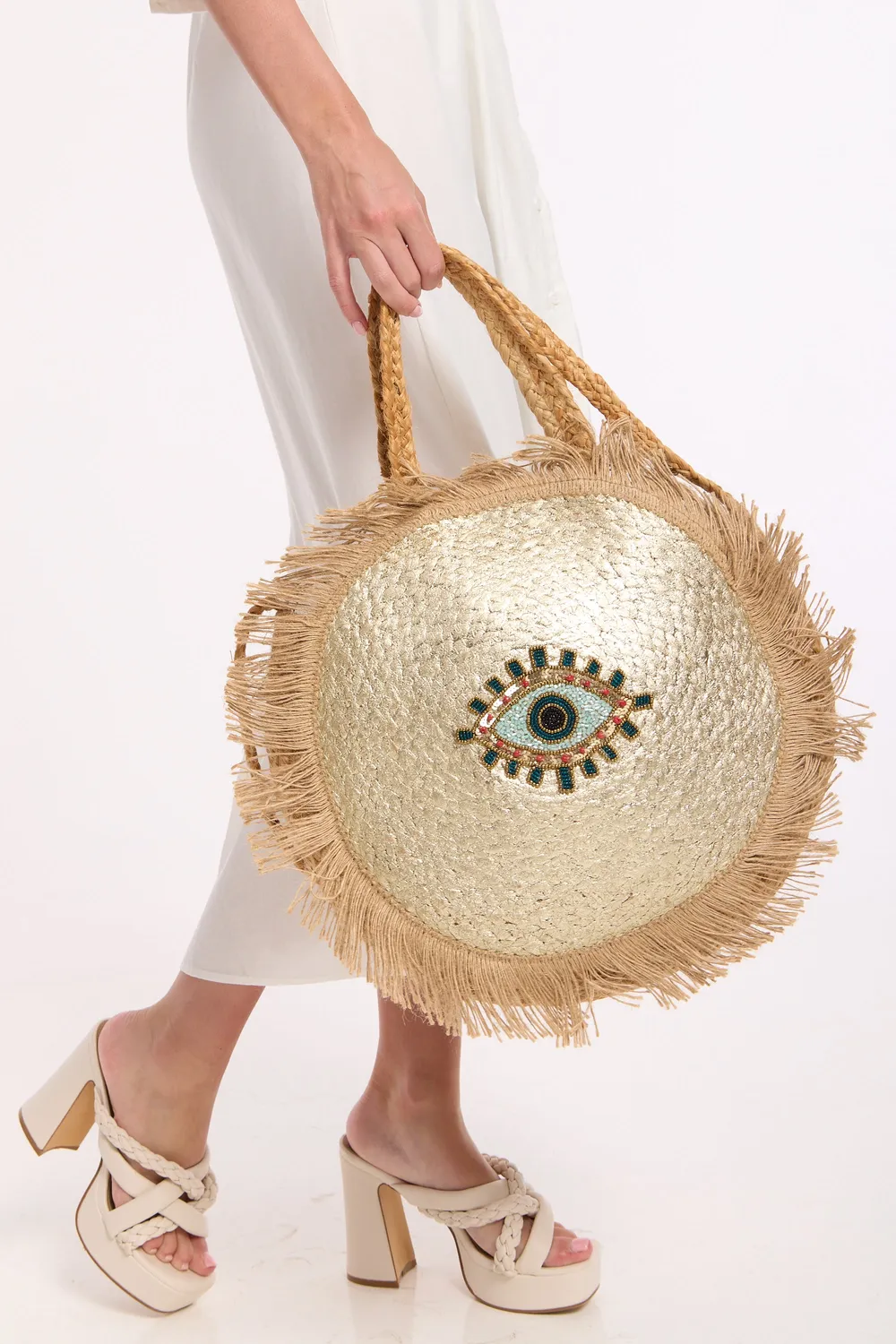 Liquorish Evil Eye borsa juta naturale rotonda