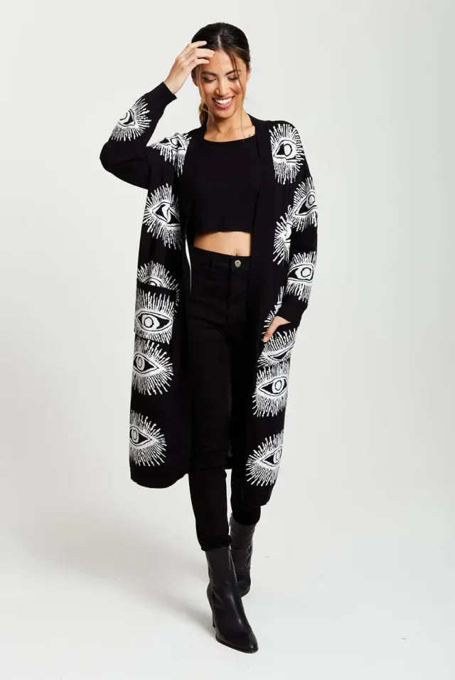 Liquorish Longline Eye Pattern cardigan nero lungo