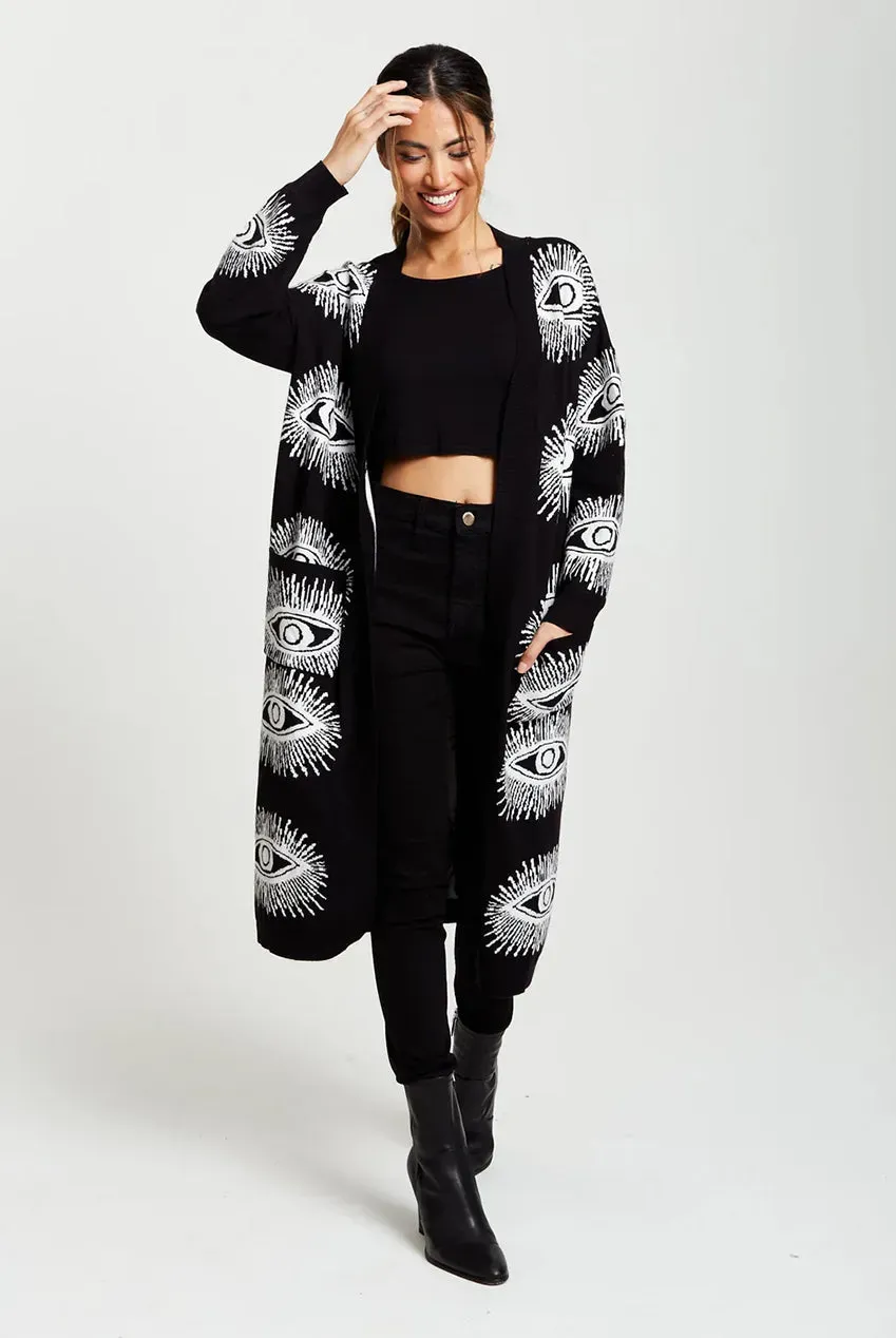 Liquorish Longline Eye Pattern cardigan nero lungo