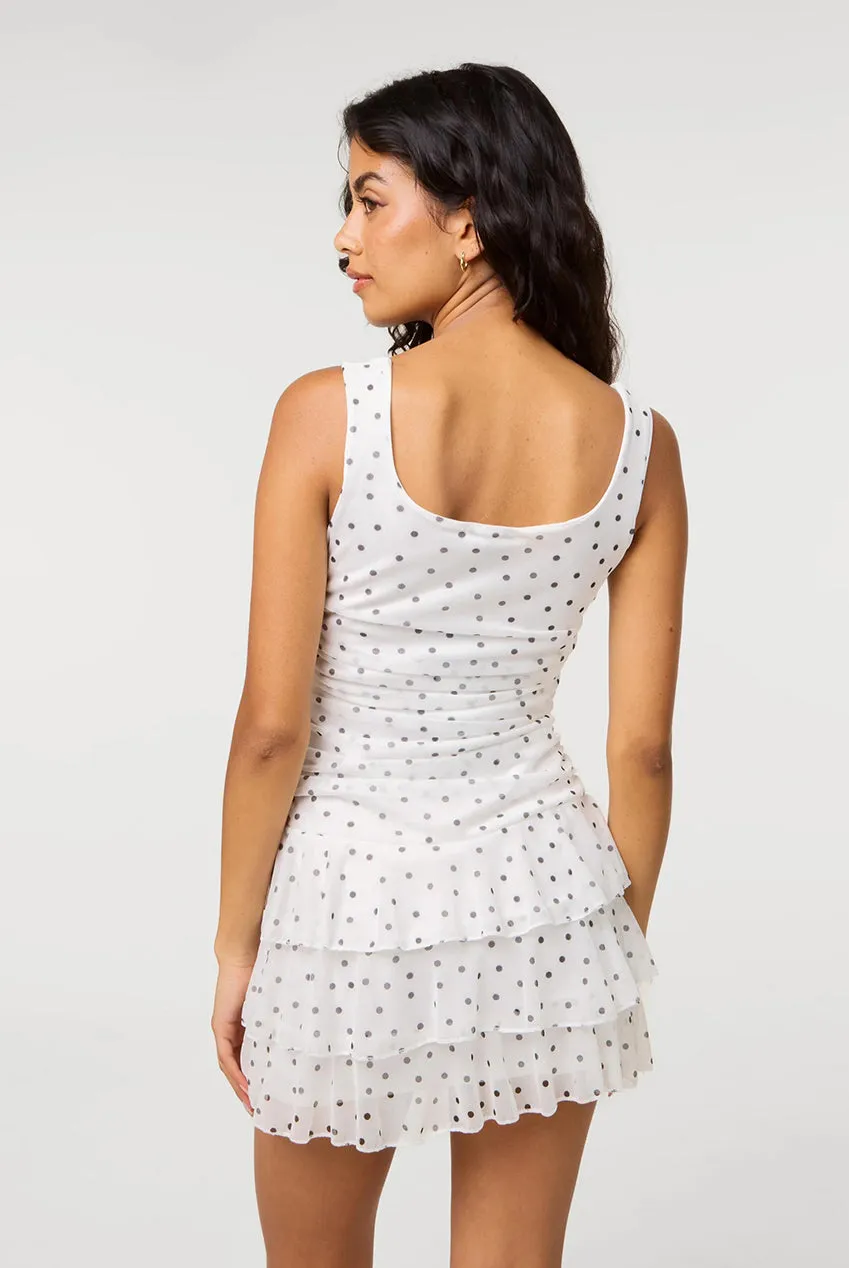 Pink Vanilla Polka Dot Square Neck abito mesh avorio