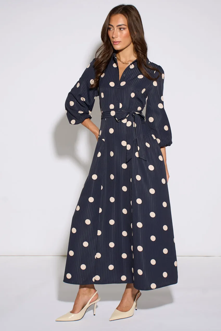 Gini London abito blu navy pois jacquard svasato