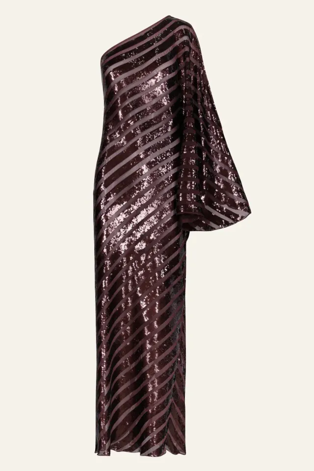Johanna Ortiz Power abito maxi marrone monospalla paillettes