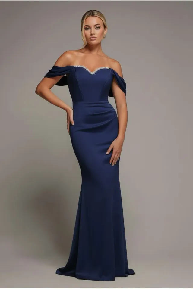 Goddiva Draped Sleeve abito maxi blu navy spalle scoperte