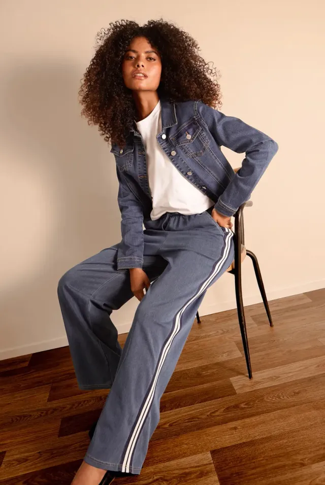 Blue Vanilla Stripe pantaloni denim blu vita elastica