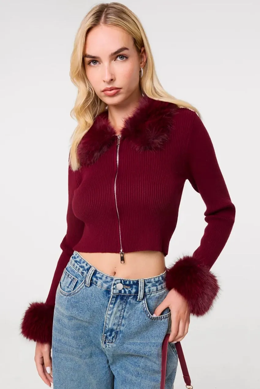 Pink Vanilla Fur Trim Zip cardigan bordeaux con pelliccia