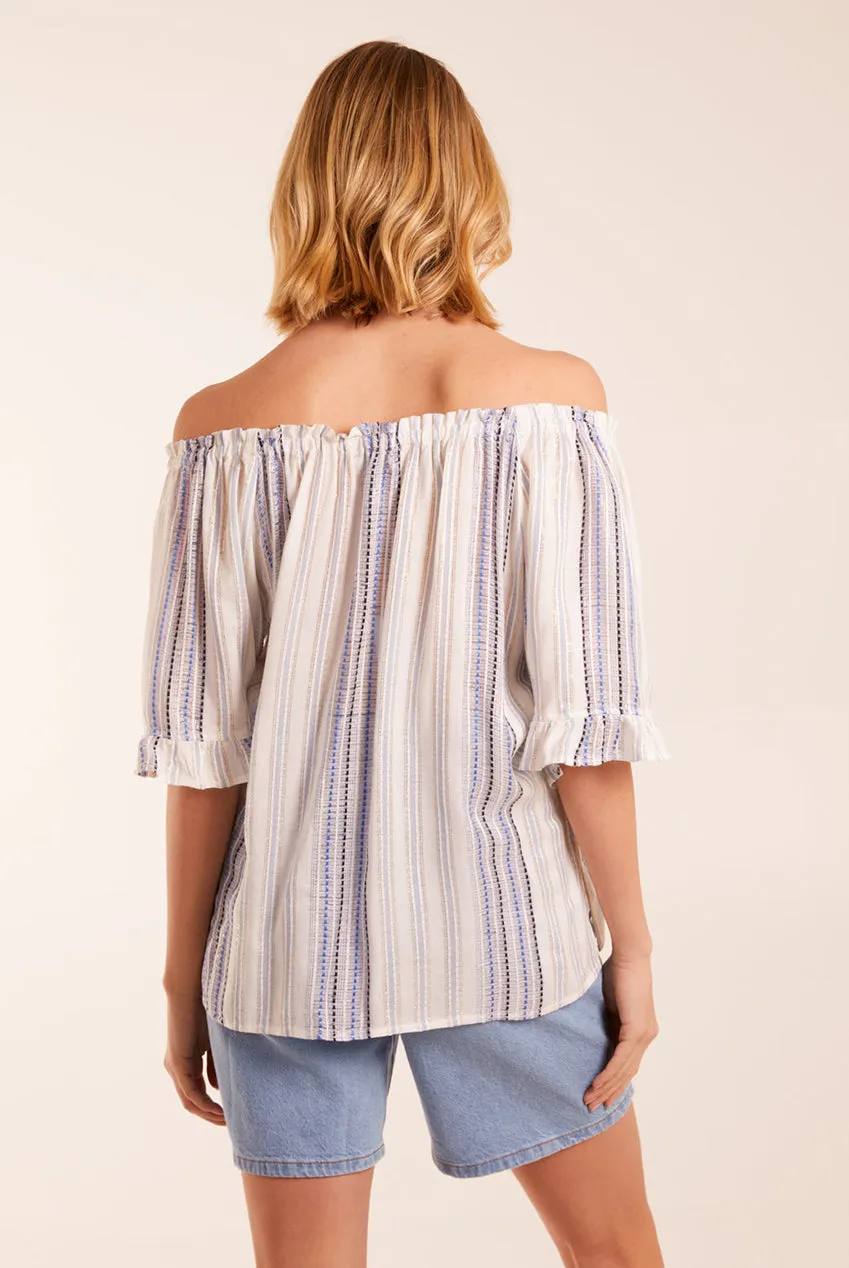 Blue Vanilla Metallic Strip Top Bardot Blu a Righe Elasticizzato