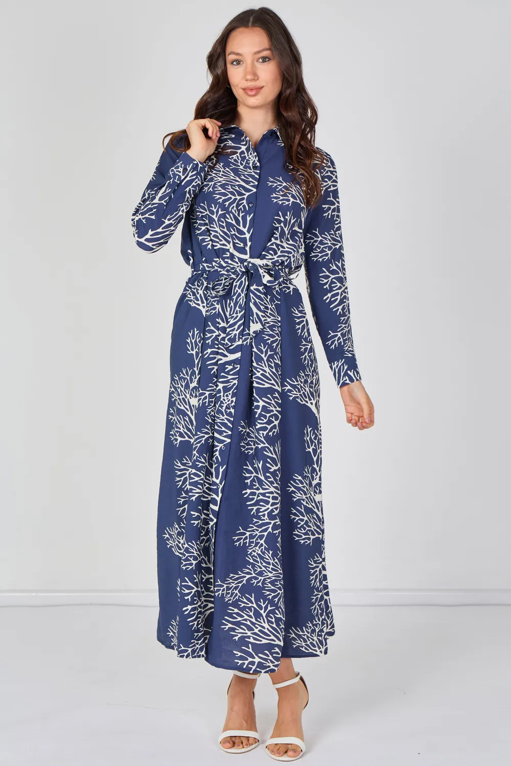 LOVE SUNSHINE Coral abito camicia maxi navy corallo