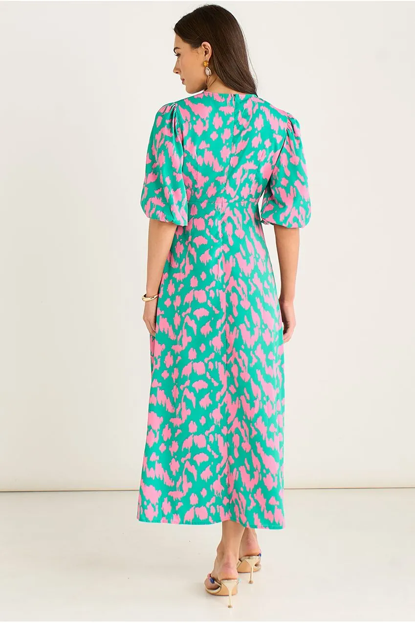 Gini London V Neck Shift abito midi verde animalier
