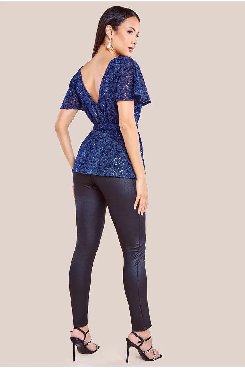 Goddiva Top Avvolgente Blu Navy Maniche Svolazzanti Lurex
