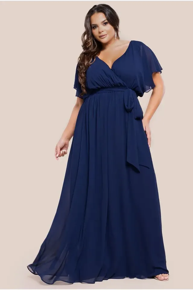 Goddiva Plus Flutter Sleeve Wrap maxi blu navy