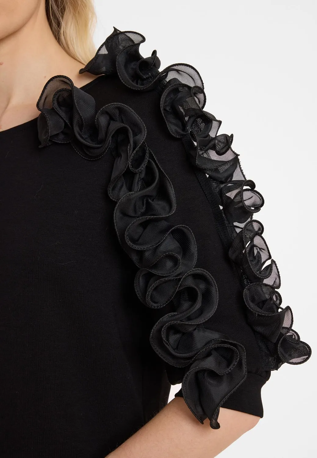Ana Alcazar Agrali top nero jersey volant chiffon