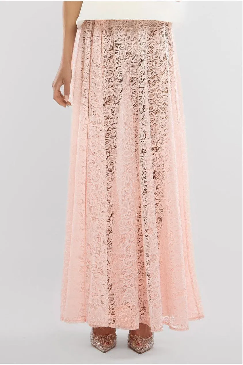 Goddiva Lace gonna lunga rosa cipria pizzo floreale