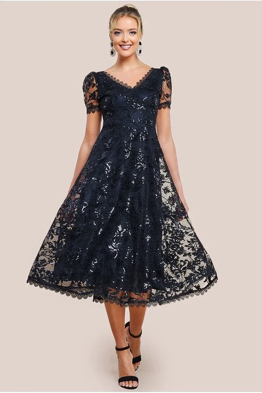 Goddiva Sequin Lace abito midi pizzo nero svasato