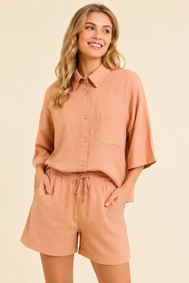 Avinci camicia oversize pesca effetto lino con bottoni