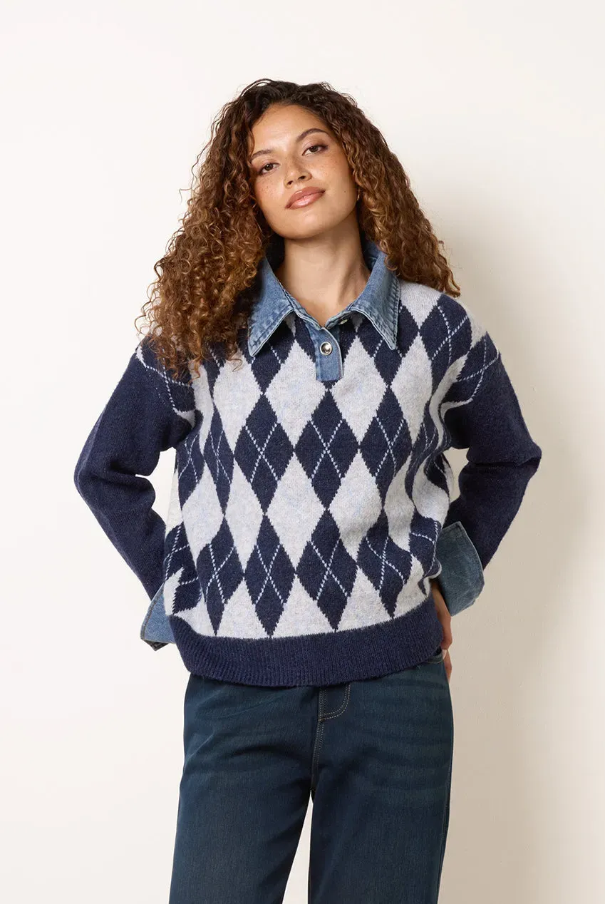 Blue Vanilla maglione polo rombi navy maglia manica lunga