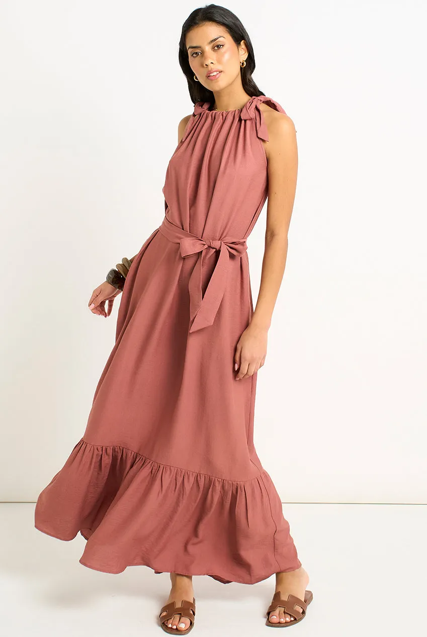 Gini London Tie Shoulder abito maxi ruggine con cintura