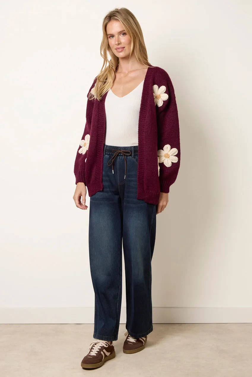 Blue Vanilla Daisy cardigan ricamato bordeaux S/M fiori grandi