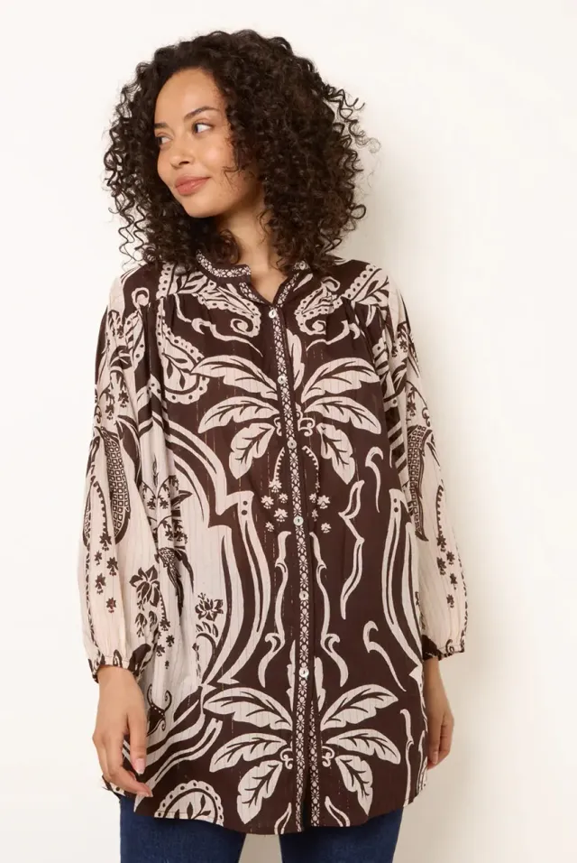 Blue Vanilla camicia oversize cioccolato tropicale metallizzata taglia unica