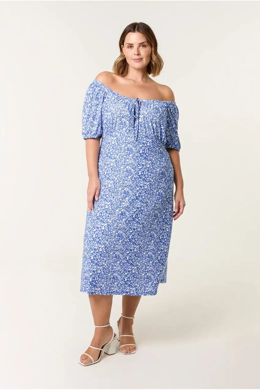 Blue Vanilla Curve Ditsy Abito Midi Blu con Scollo Bardot