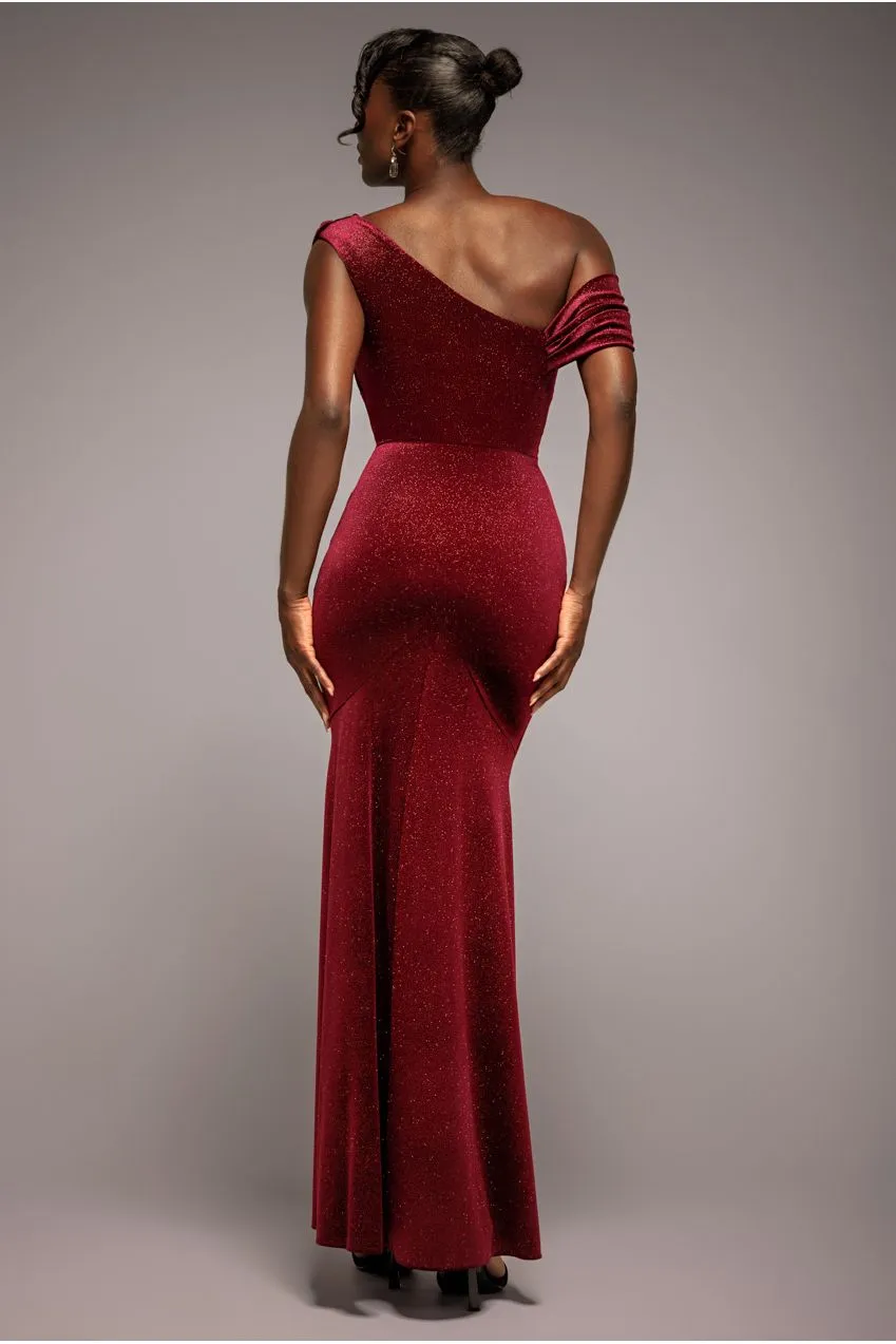 Goddiva Glitter Velvet Abito Maxi Vino Bordeaux
