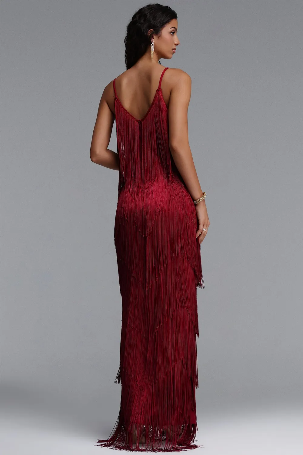 Bella Barnett Alex Bandage abito maxi rosso frange scollo V