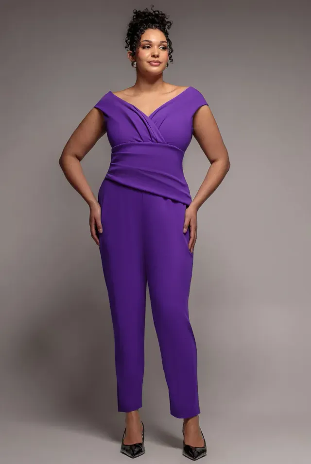 Goddiva Plus Bardot tuta jumpsuit viola scuba curvy
