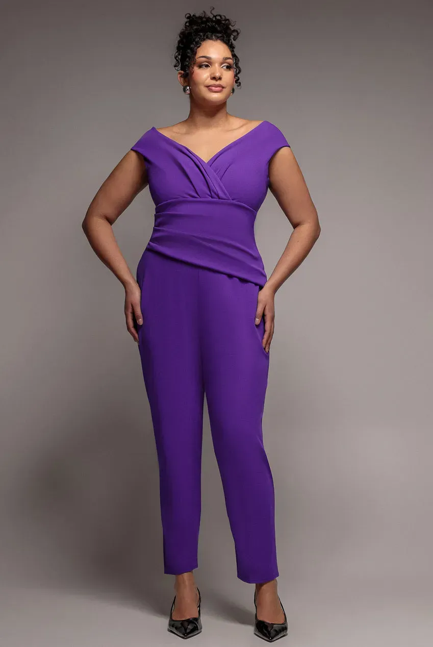 Goddiva Plus Bardot tuta jumpsuit viola scuba curvy