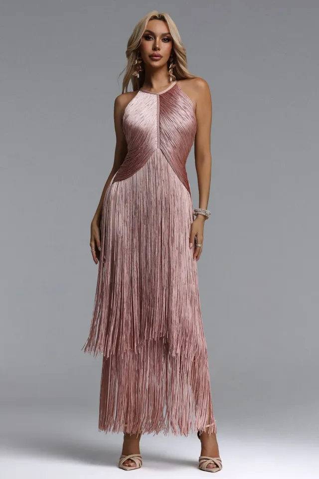 Goddiva Bella Barnett Taye abito maxi rosa bandage frange