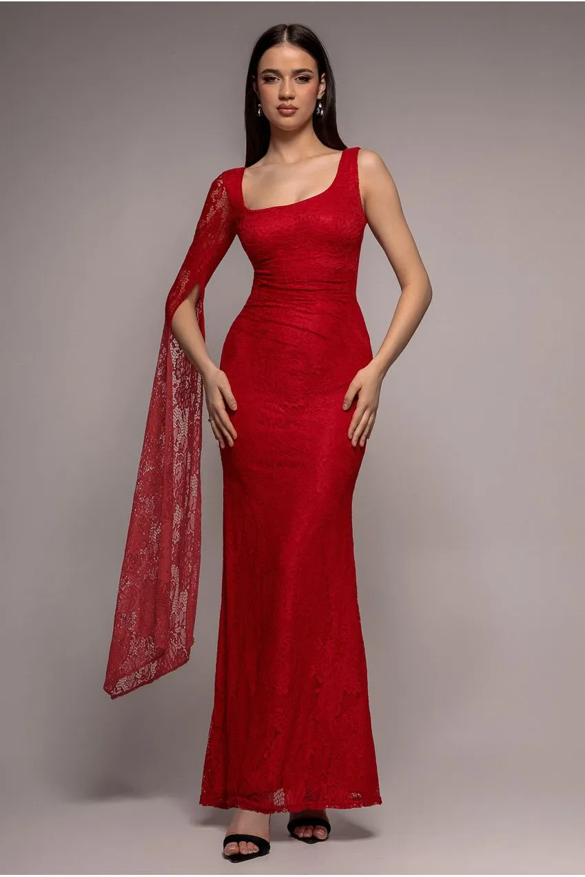 Goddiva One Shoulder Cape abito maxi pizzo Rosso 12