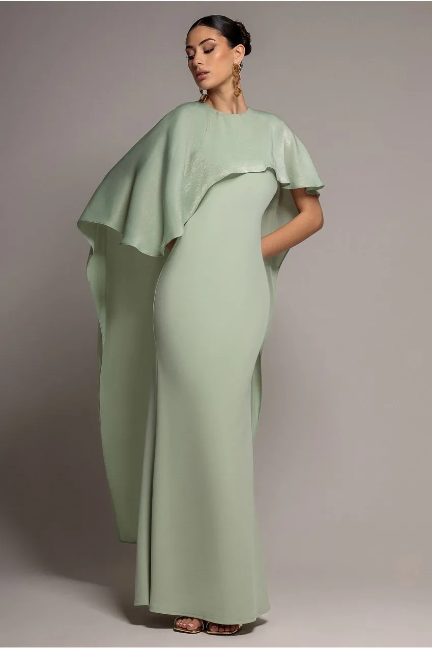 Goddiva Scoop Neck Cape abito maxi verde salvia in raso elegante