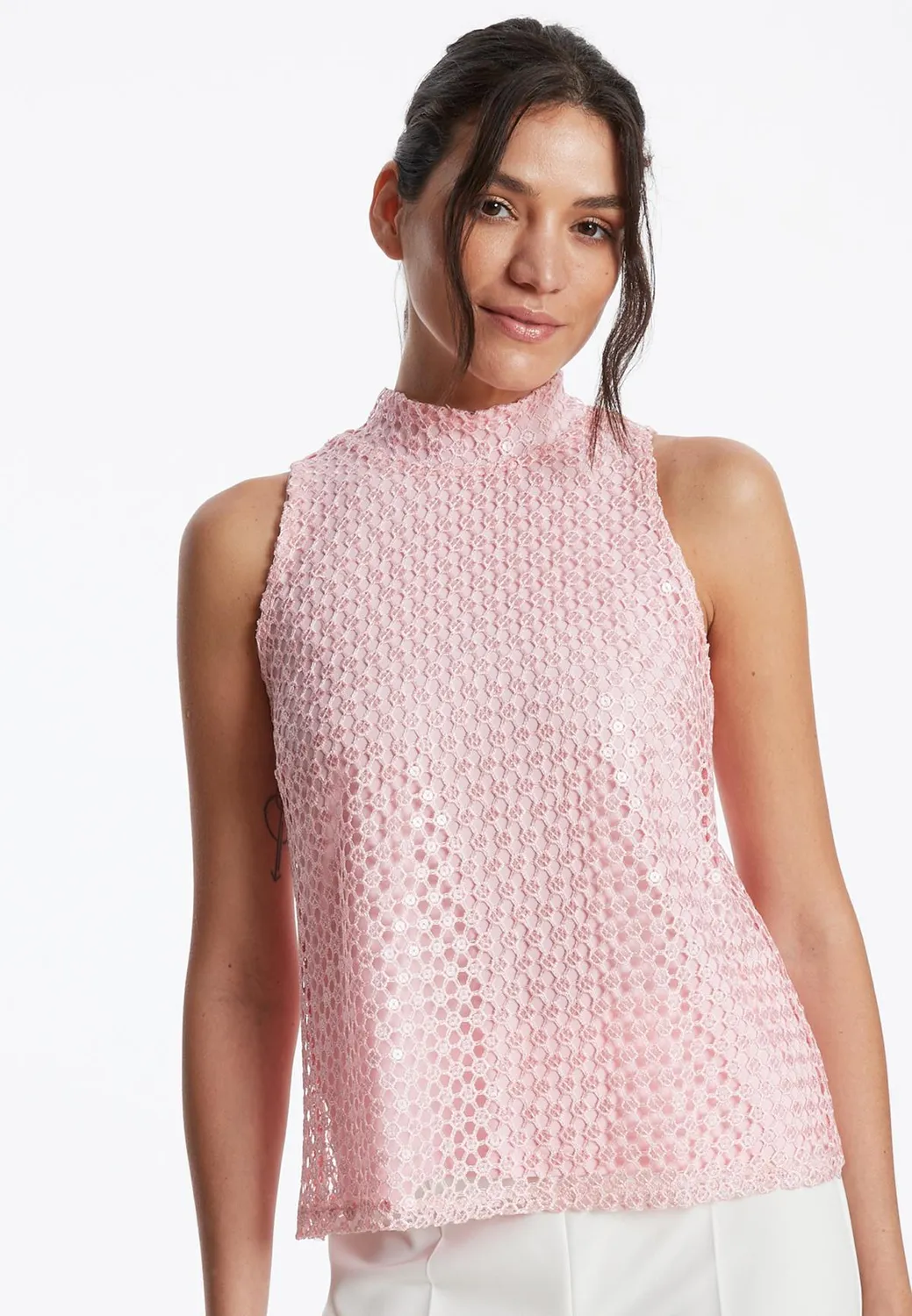Ana Alcazar Zadora top pizzo rosa smanicato