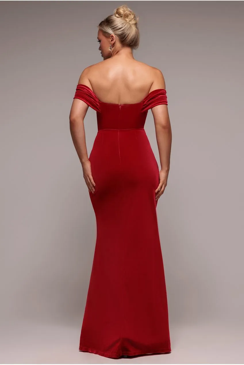 Goddiva velluto abito maxi spalle scoperte rosso